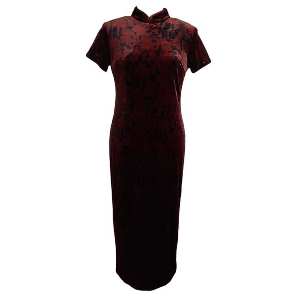 Vintage Velvet Mandarin Red & Black Short Sleeve Maxi Dress with Slit - Picture 1 of 10